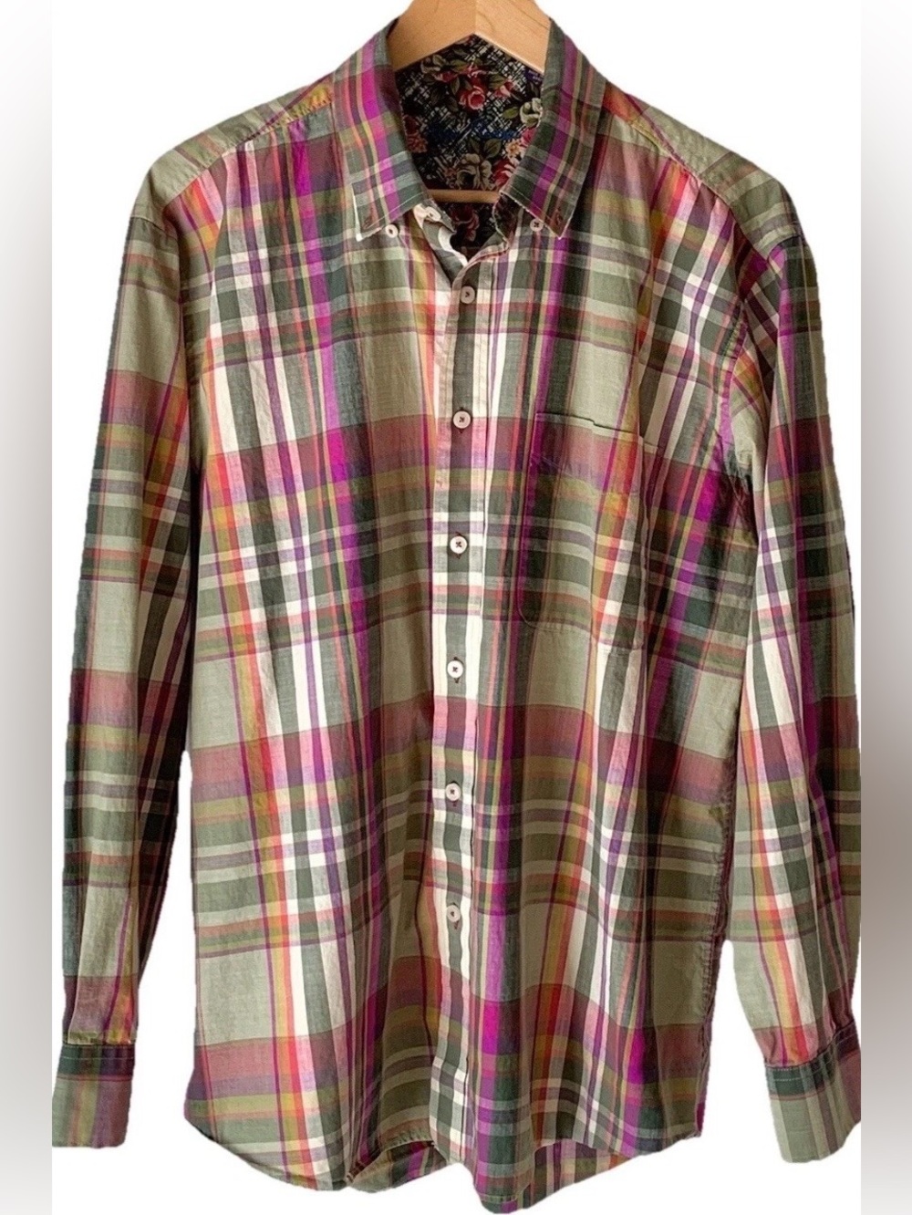 Alan Flusser Mens Long Sleeve Plaid Shirt Size L Green Button Up Turn Cuff